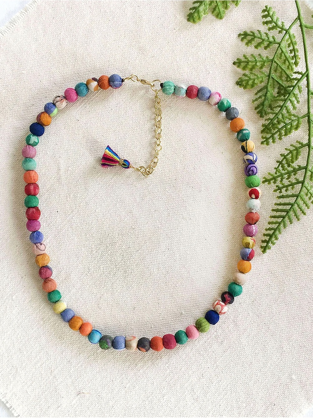 Multicolor Beaded Tassel Necklace with Gold-Tone Chain